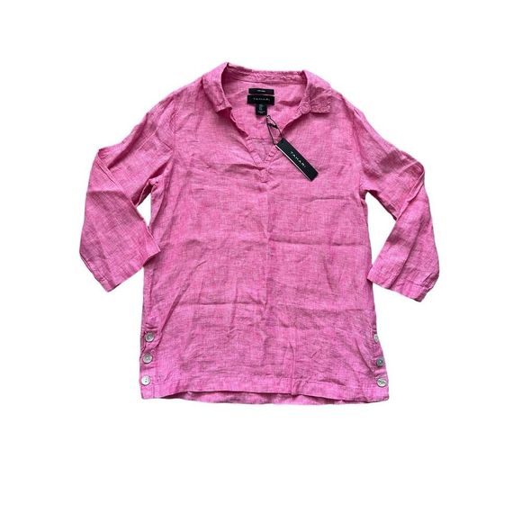 Tahari NWT Barbie Pink 100% Linen V-Neck Chambray Tunic‎ Blouse Top Size Small - Picture 1 of 6